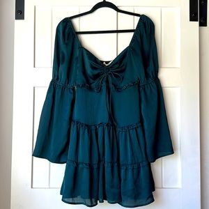 Satin Teal Long Sleeve Dress